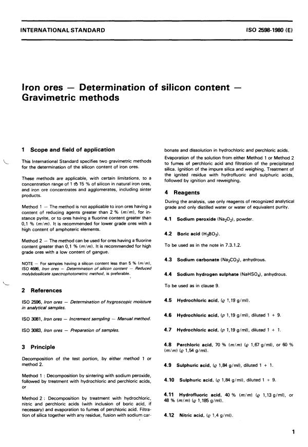 ISO 2598:1980 - Iron ores -- Determination of silicon content -- Gravimetric methods