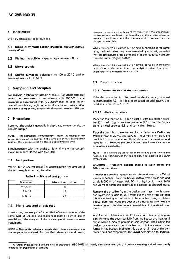 ISO 2598:1980 ISO 2598:1980 - Iron ores -- Determination of silicon content -- Gravimetric methods - Page 4 preview