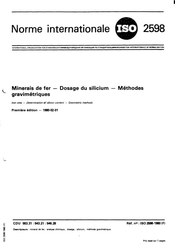 ISO 2598:1980 - Minerais de fer -- Dosage du silicium -- Méthodes gravimétriques