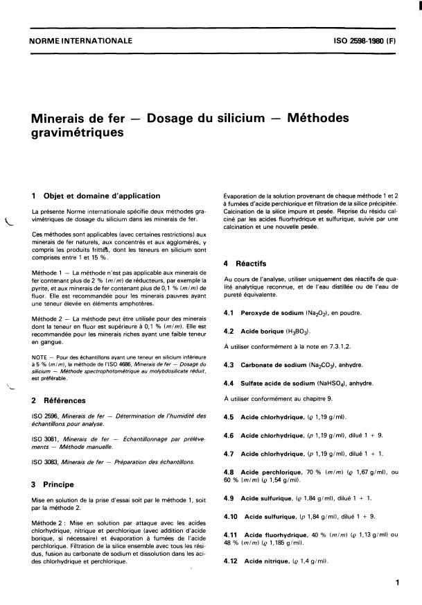 ISO 2598:1980 - Minerais de fer -- Dosage du silicium -- Méthodes gravimétriques