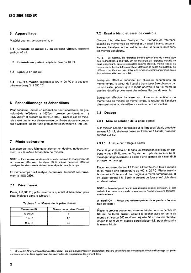 ISO 2598:1980 ISO 2598:1980 - Minerais de fer -- Dosage du silicium -- Méthodes gravimétriques - Page 4 preview