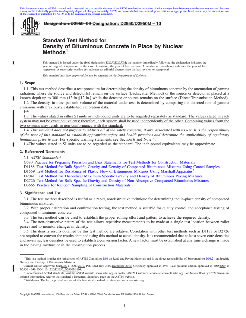 REDLINE ASTM D2950/D2950M-10 - Standard Test Method for Density of Bituminous Concrete in Place by Nuclear Methods