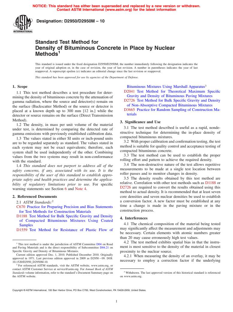 ASTM D2950/D2950M-10 - Standard Test Method for Density of Bituminous Concrete in Place by Nuclear Methods