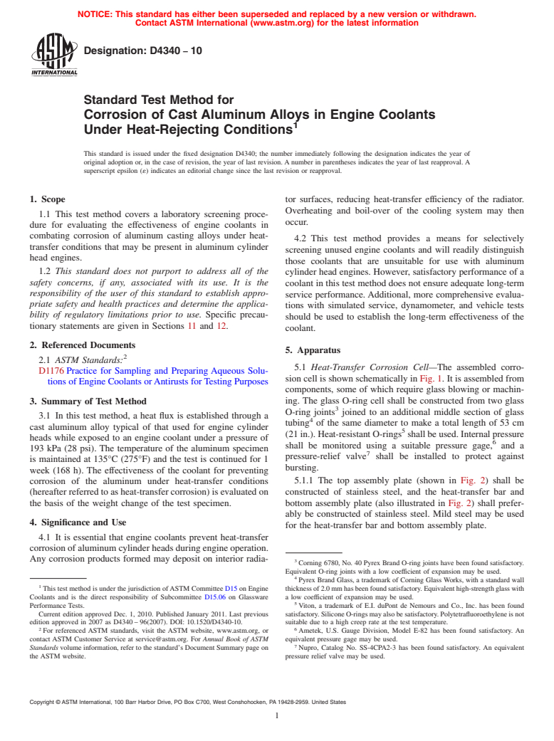 ASTM D4340-10 - Standard Test Method for Corrosion of Cast Aluminum Alloys in Engine Coolants Under Heat-Rejecting Conditions