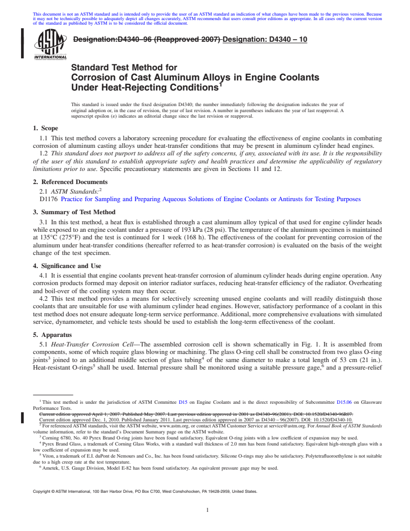 REDLINE ASTM D4340-10 - Standard Test Method for Corrosion of Cast Aluminum Alloys in Engine Coolants Under Heat-Rejecting Conditions