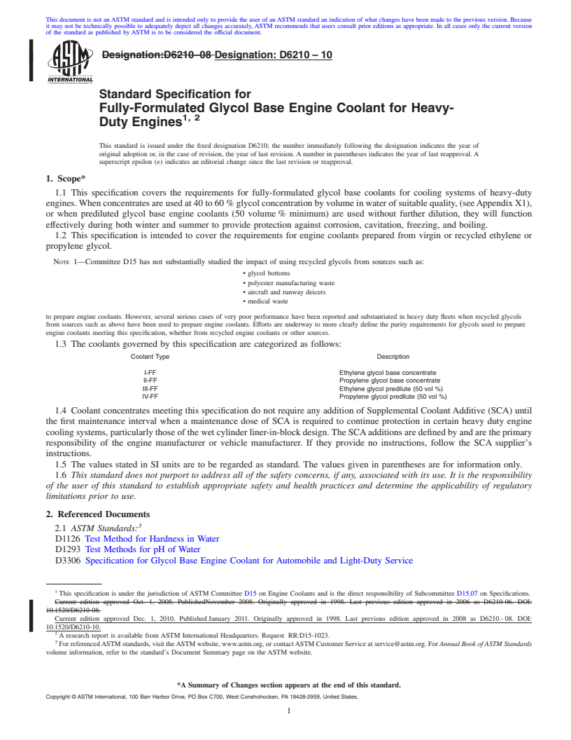 REDLINE ASTM D6210-10 - Standard Specification for Fully-Formulated Glycol Base Engine Coolant for Heavy-Duty Engines