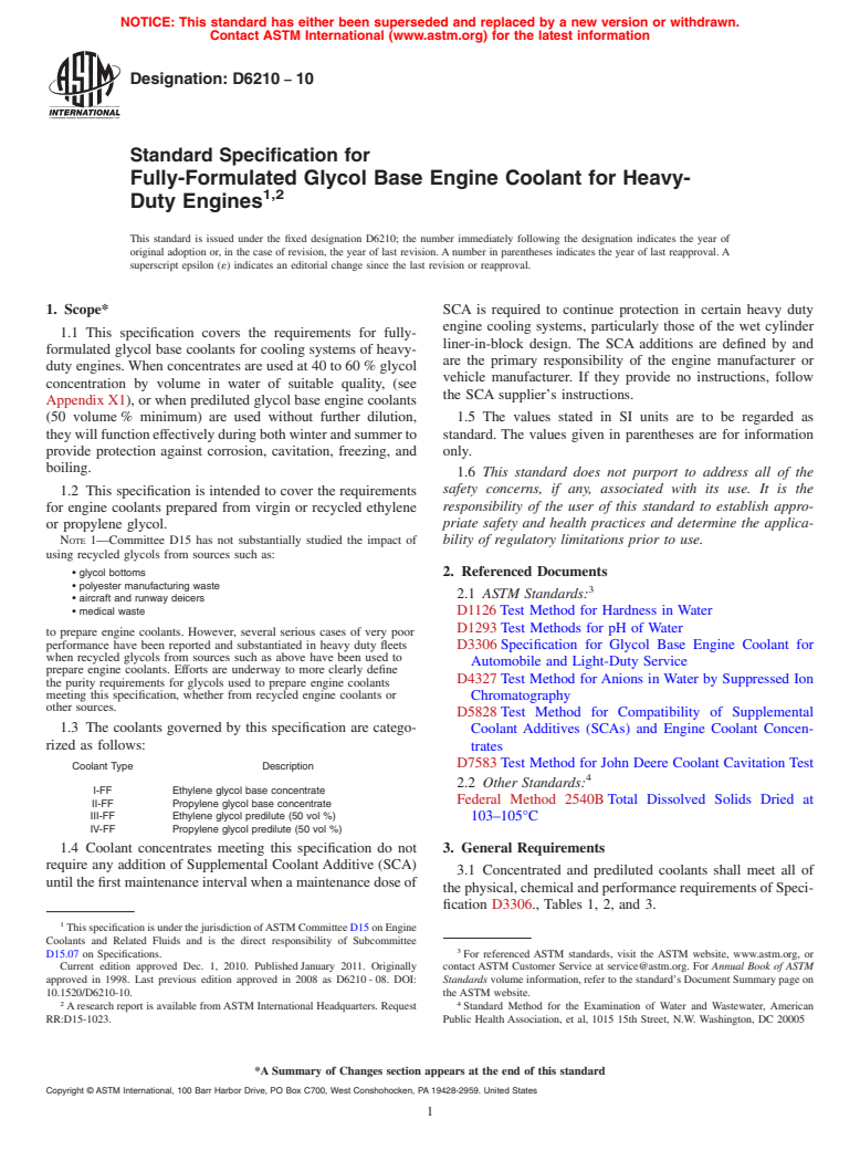 ASTM D6210-10 - Standard Specification for Fully-Formulated Glycol Base Engine Coolant for Heavy-Duty Engines