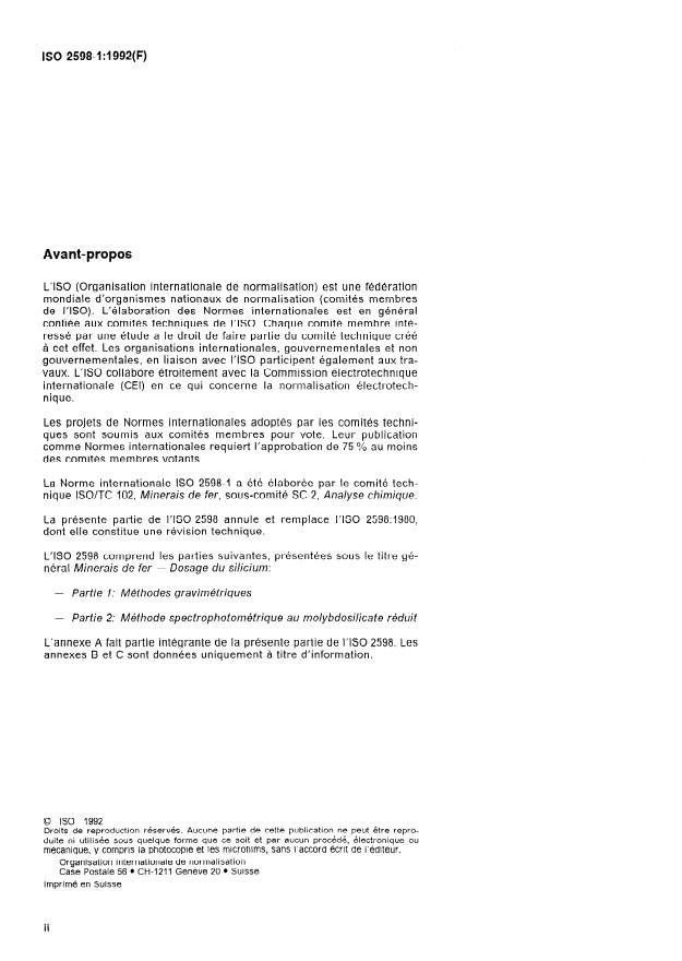 ISO 2598-1:1992 ISO 2598-1:1992 - Minerais de fer -- Dosage du silicium - Page 2 preview