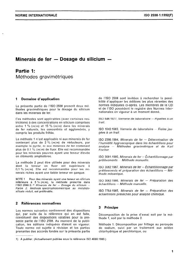 ISO 2598-1:1992 - Minerais de fer -- Dosage du silicium