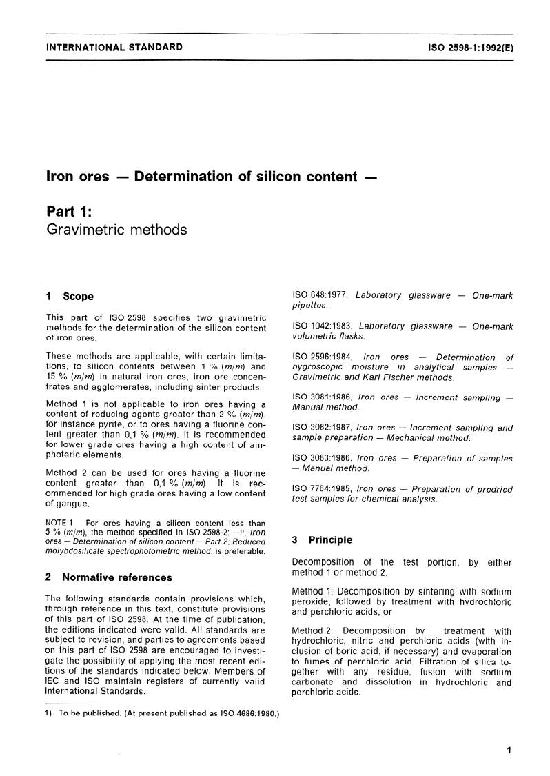 ISO 2598-1:1992 - Iron ores — Determination of silicon content — Part 1: Gravimetric methods
Released:12/10/1992