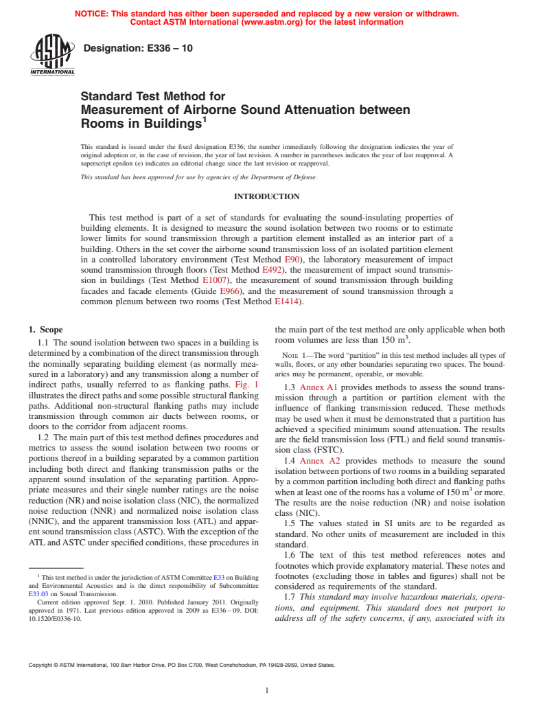 ASTM E336-10 - Standard Test Method for Measurement of Airborne Sound Attenuation between Rooms in Buildings