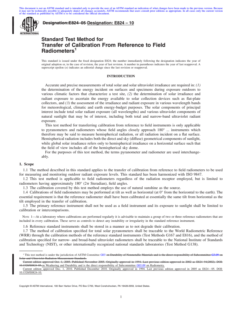 REDLINE ASTM E824-10 - Standard Test Method for Transfer of Calibration From Reference to Field Radiometers