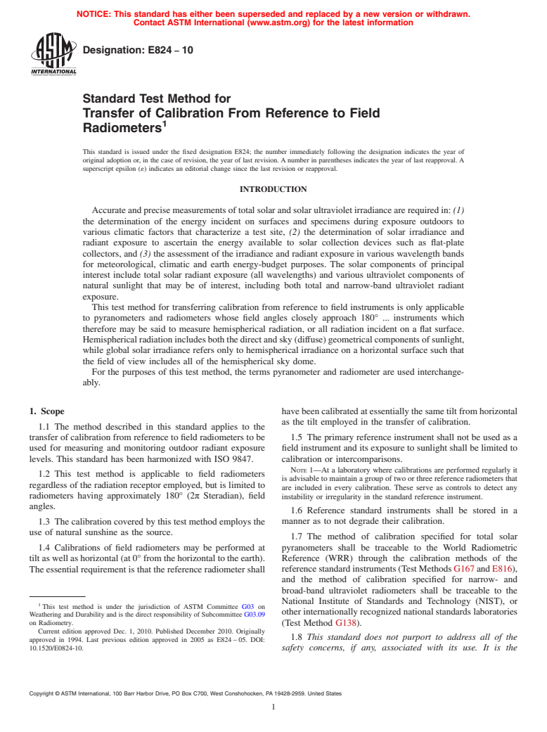 ASTM E824-10 - Standard Test Method for Transfer of Calibration From Reference to Field Radiometers