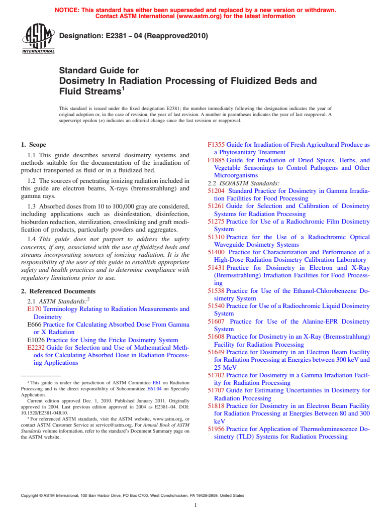 ASTM E2381-04(2010) - Standard Guide for Dosimetry In Radiation Processing of Fluidized Beds and Fluid Streams (Withdrawn 2016)