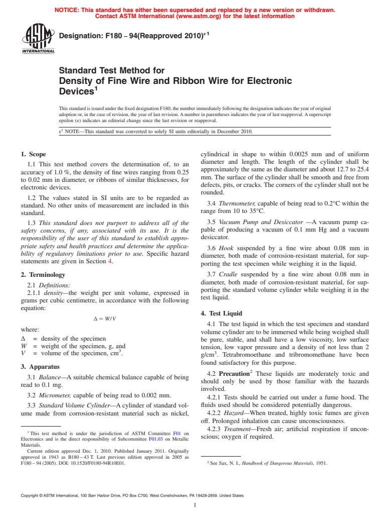 ASTM F180-94(2010)e1 - Standard Test Method for Density of Fine Wire and Ribbon Wire for Electronic Devices