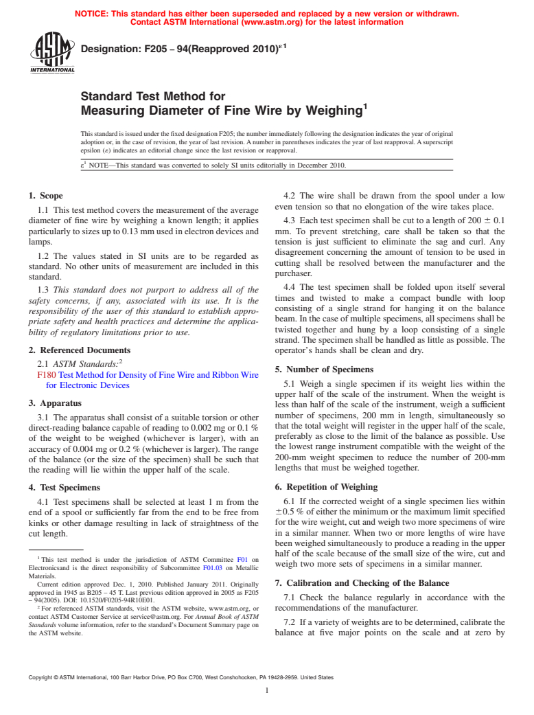 ASTM F205-94(2010)e1 - Standard Test Method for Measuring Diameter of Fine Wire by Weighing