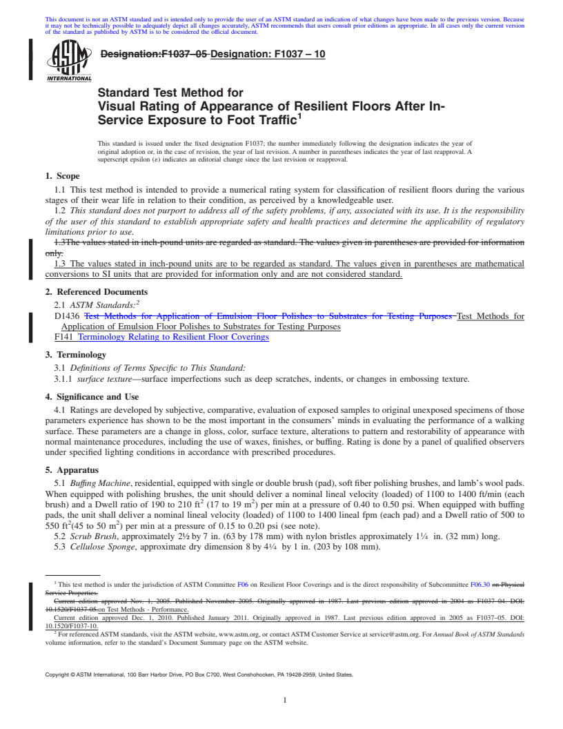 REDLINE ASTM F1037-10 - Standard Test Method for Visual Rating of Appearance of Resilient Floors After In-Service Exposure to Foot Traffic