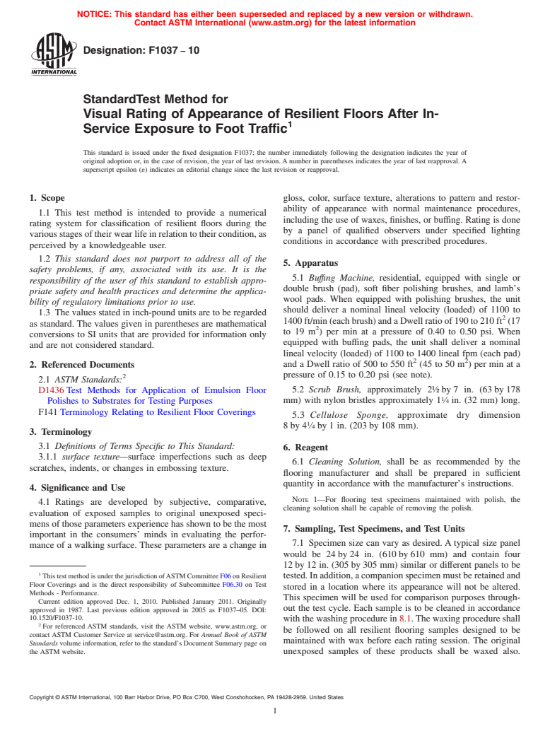 ASTM F1037-10 - Standard Test Method for Visual Rating of Appearance of Resilient Floors After In-Service Exposure to Foot Traffic