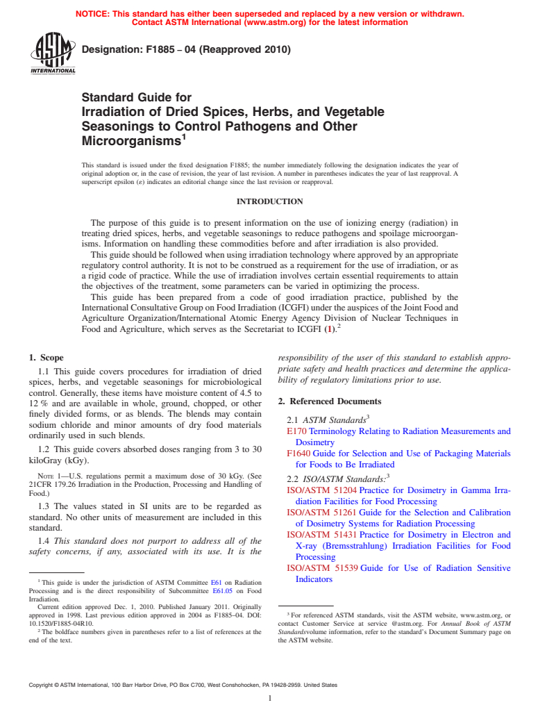 ASTM F1885-04(2010) - Standard Guide for Irradiation of Dried Spices, Herbs, and Vegetable Seasonings to Control Pathogens and Other Microorganisms