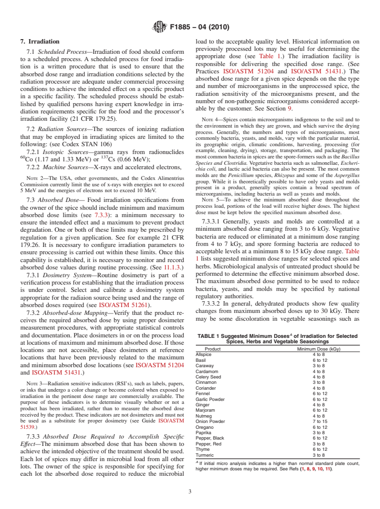 ASTM F1885-04(2010) - Standard Guide for Irradiation of Dried Spices, Herbs, and Vegetable Seasonings to Control Pathogens and Other Microorganisms