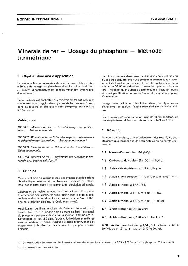 ISO 2599:1983 - Minerais de fer -- Dosage du phosphore -- Méthode titrimétrique
