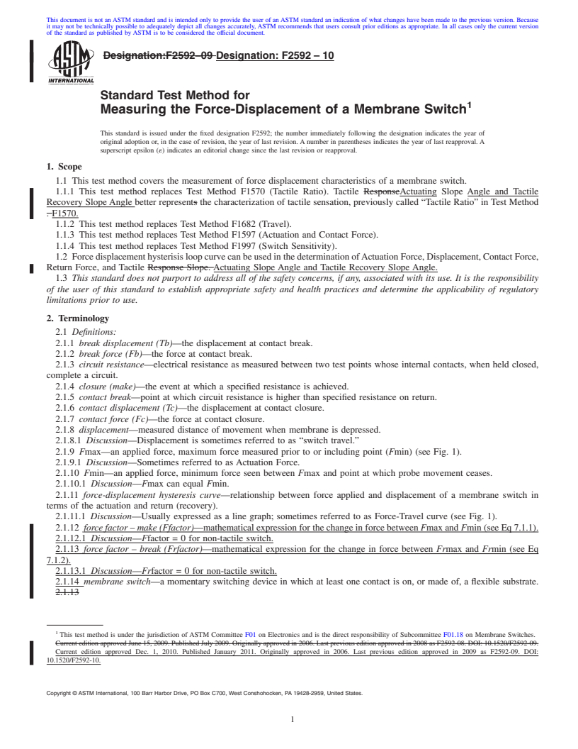 REDLINE ASTM F2592-10 - Standard Test Method for Measuring the Force-Displacement of a Membrane Switch