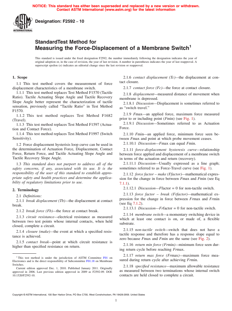 ASTM F2592-10 - Standard Test Method for Measuring the Force-Displacement of a Membrane Switch