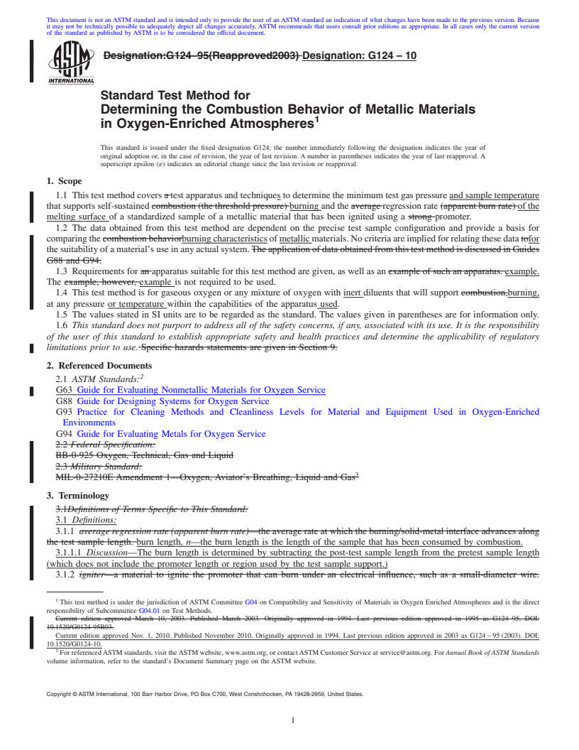 REDLINE ASTM G124-10 - Standard Test Method for Determining the Combustion Behavior of Metallic Materials in Oxygen-Enriched Atmospheres