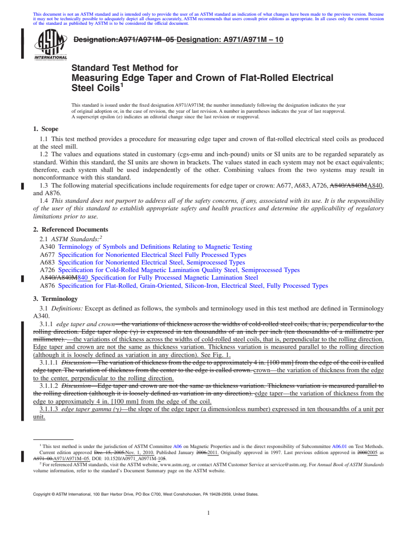 REDLINE ASTM A971/A971M-10 - Standard Test Method for Measuring Edge Taper and Crown of Flat-Rolled Electrical Steel Coils