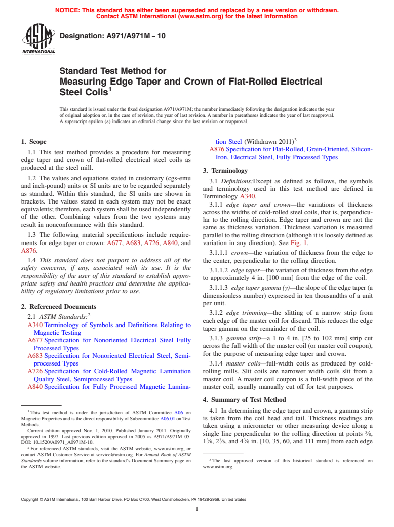 ASTM A971/A971M-10 - Standard Test Method for Measuring Edge Taper and Crown of Flat-Rolled Electrical Steel Coils