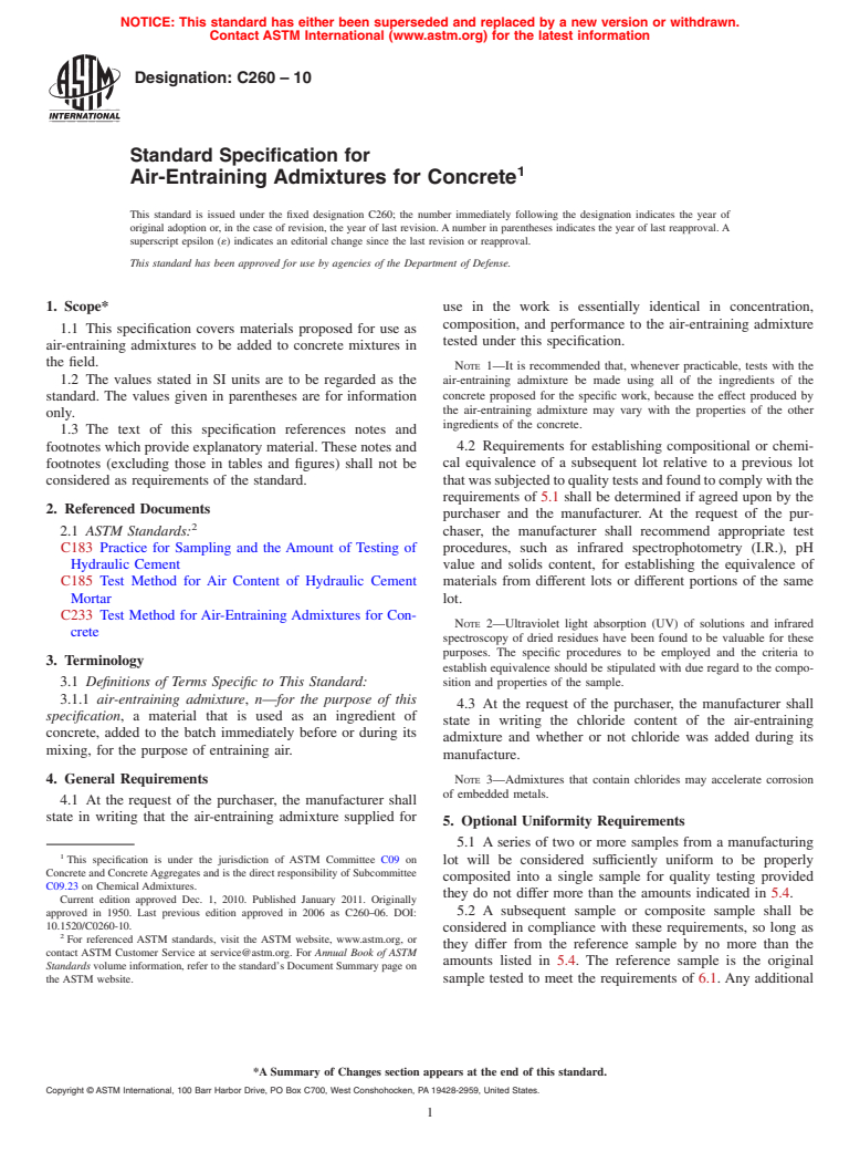 ASTM C260-10 - Standard Specification for Air-Entraining Admixtures for Concrete