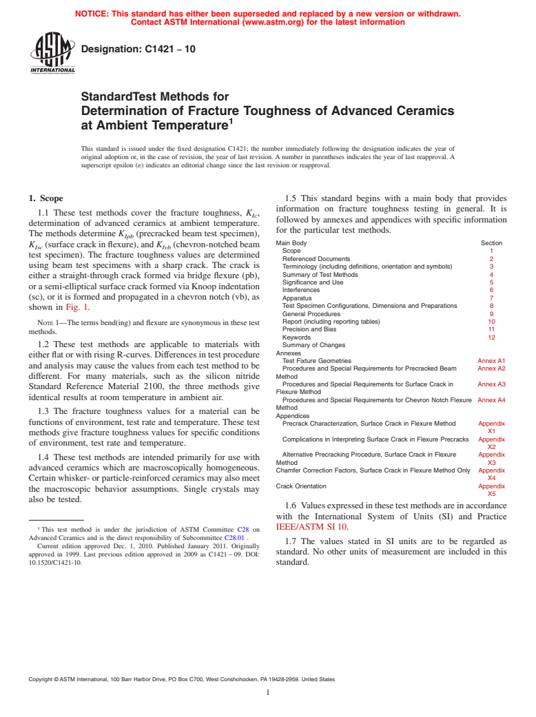 ASTM C1421-10 - Standard Test Methods for Determination of Fracture Toughness of Advanced Ceramics at Ambient Temperature