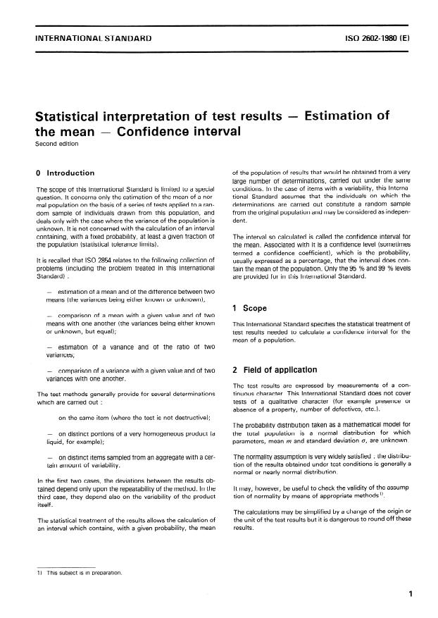ISO 2602:1980 - Statistical interpretation of test results -- Estimation of the mean -- Confidence interval