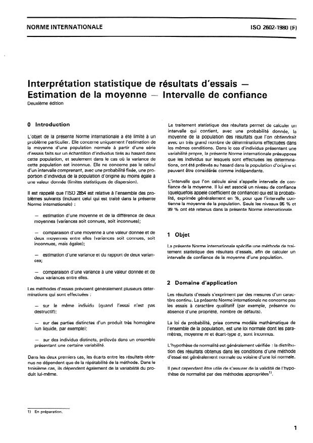 ISO 2602:1980 - Interprétation statistique de résultats d'essais -- Estimation de la moyenne -- Intervalle de confiance