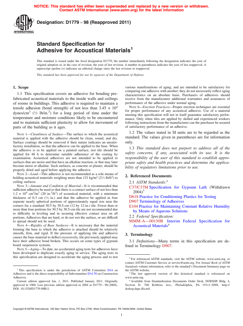 ASTM D1779-98(2011) - Standard Specification for Adhesive for Acoustical Materials