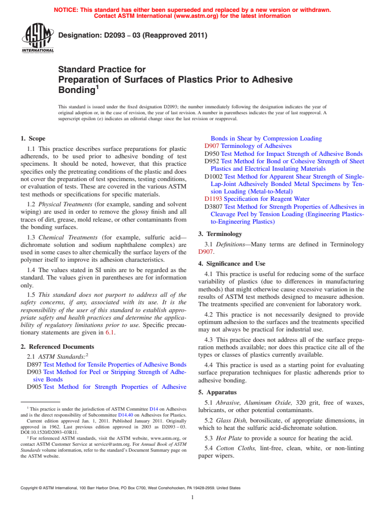 ASTM D2093-03(2011) - Standard Practice for Preparation of Surfaces of Plastics Prior to Adhesive Bonding