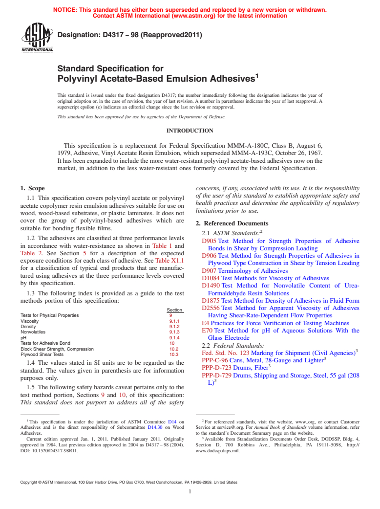 ASTM D4317-98(2011) - Standard Specification for Polyvinyl Acetate-Based Emulsion Adhesives