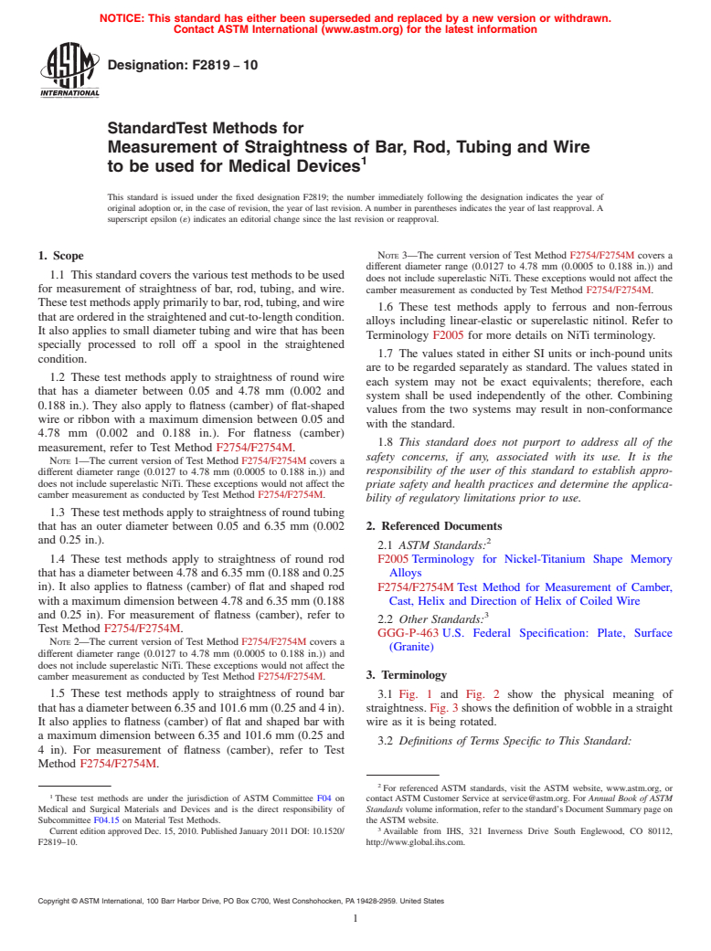 ASTM F2819-10 - Standard Test Methods for Measurement of Straightness of Bar, Rod, Tubing and Wire to be used for Medical Devices