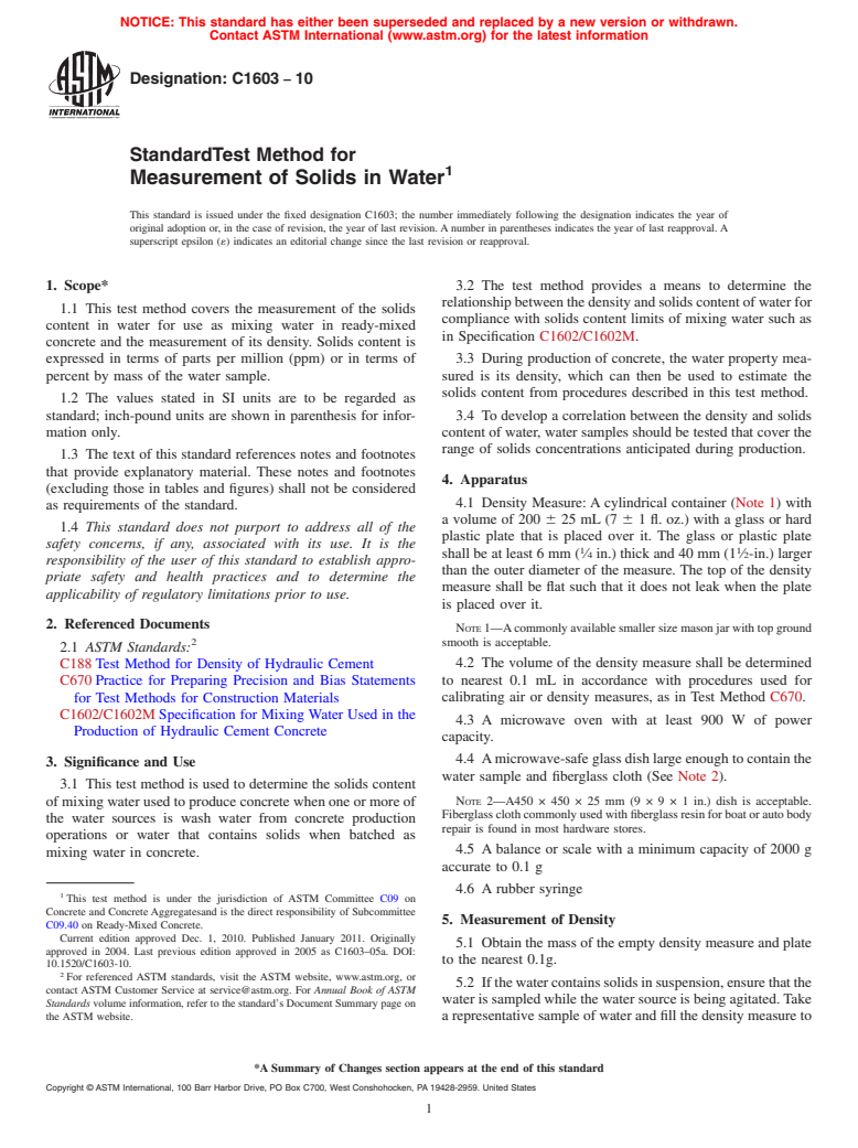 ASTM C1603-10 - Standard Test Method for Measurement of Solids in Water