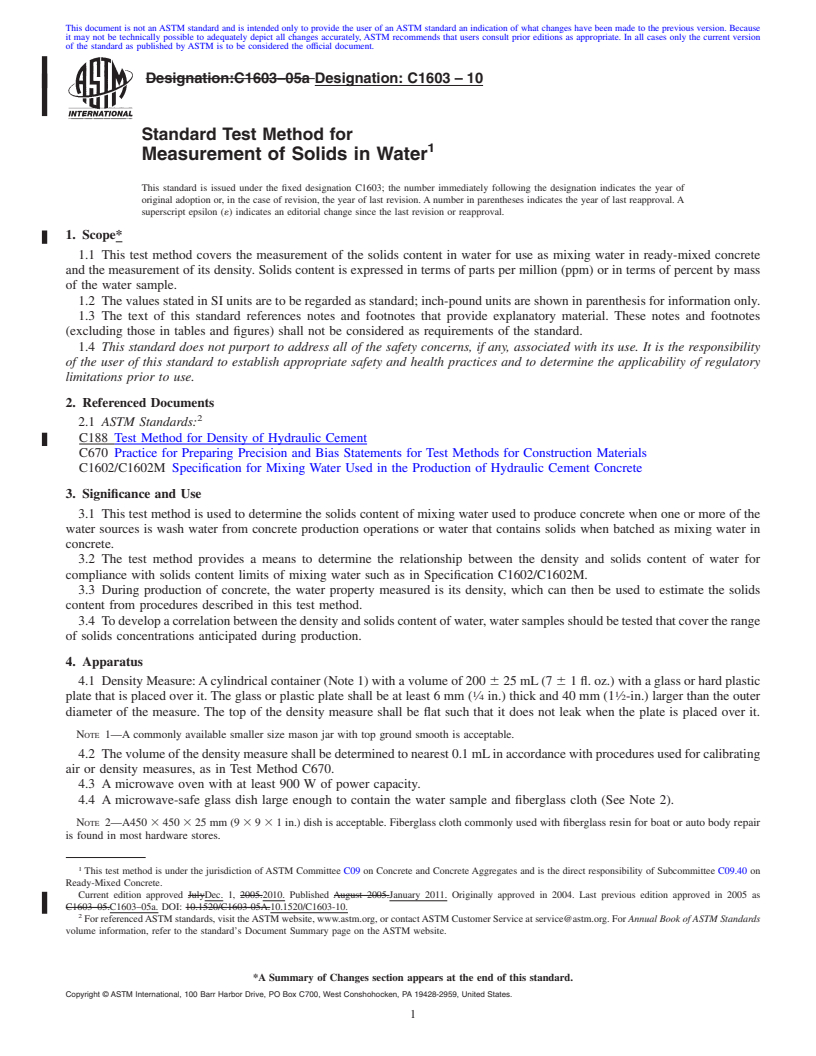 REDLINE ASTM C1603-10 - Standard Test Method for Measurement of Solids in Water