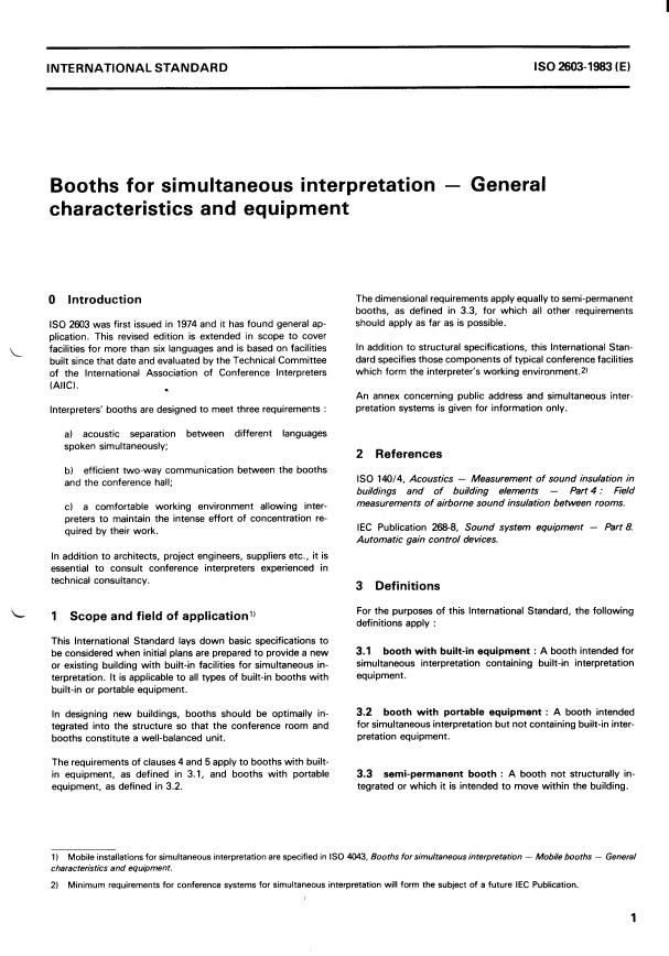 ISO 2603:1983 - Booths for simultaneous interpretation -- General characteristics and equipment