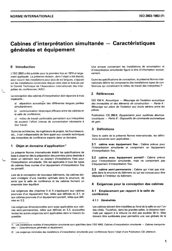 ISO 2603:1983 - Cabines d'interprétation simultanée -- Caractéristiques générales et équipement
