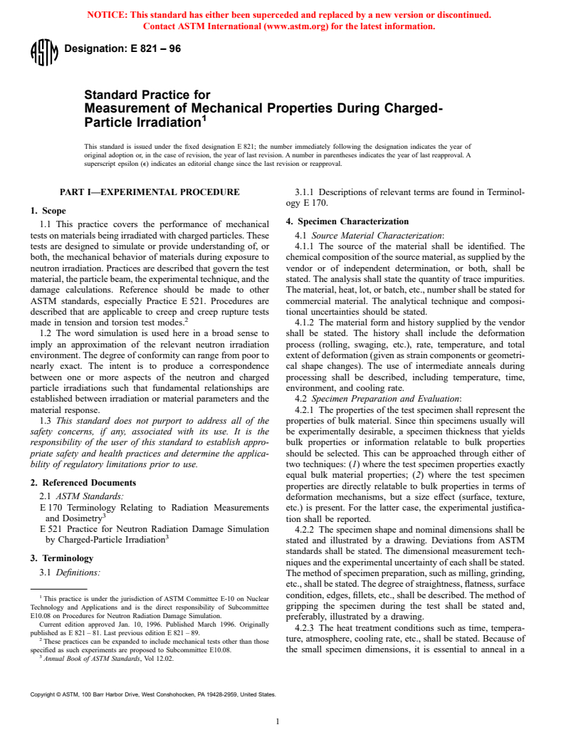 ASTM E821-96 - Standard Practice for Measurement of Mechanical Properties During Charged-Particle Irradiation