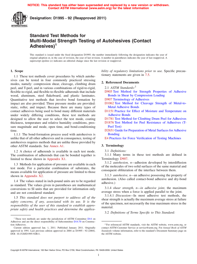 ASTM D1995-92(2011) - Standard Test Methods for Multi-Modal Strength Testing of Autohesives (Contact Adhesives)