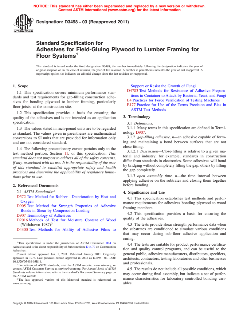 ASTM D3498-03(2011) - Standard Specification for Adhesives for Field-Gluing Plywood to Lumber Framing for Floor Systems