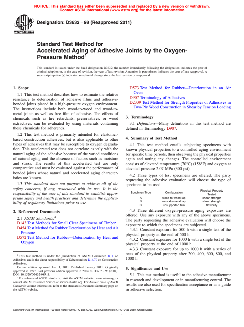 ASTM D3632-98(2011) - Standard Test Method for Accelerated Aging of Adhesive Joints by the Oxygen-Pressure Method