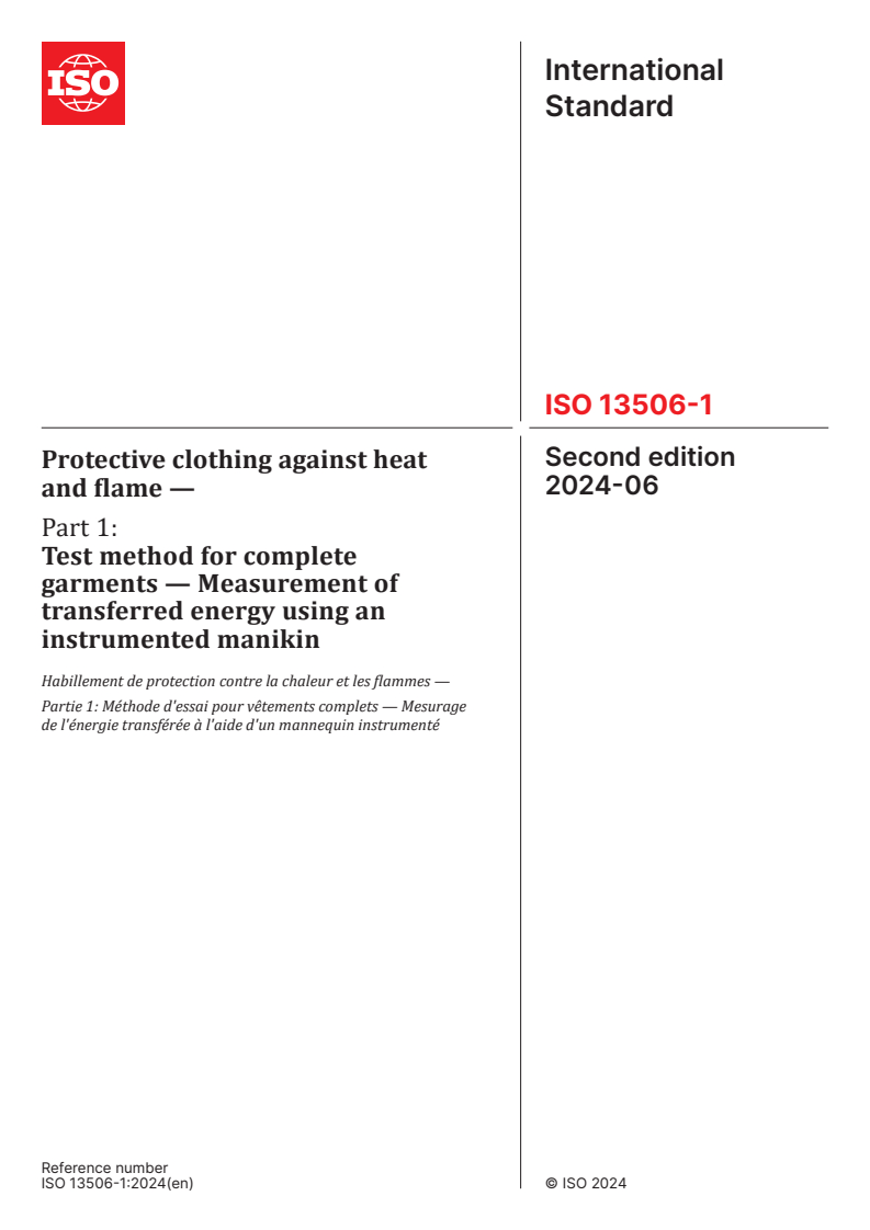 ISO 13506-1:2024 - Protective clothing against heat and flame — Part 1: Test method for complete garments — Measurement of transferred energy using an instrumented manikin
Released:12. 06. 2024