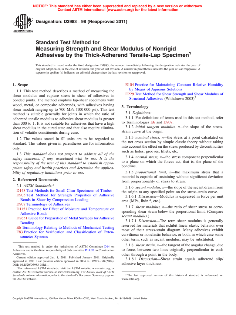 ASTM D3983-98(2011) - Standard Test Method for Measuring Strength and Shear Modulus of Nonrigid Adhesives by the Thick-Adherend Tensile-Lap Specimen