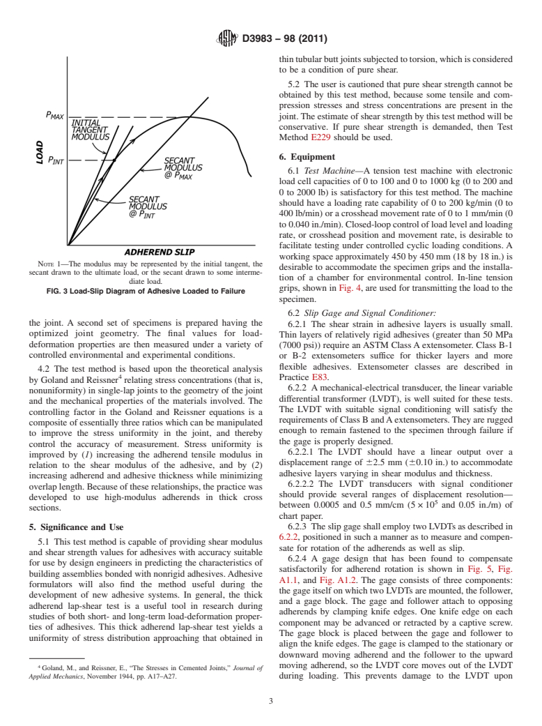 ASTM D3983-98(2011) - Standard Test Method for Measuring Strength and Shear Modulus of Nonrigid Adhesives by the Thick-Adherend Tensile-Lap Specimen