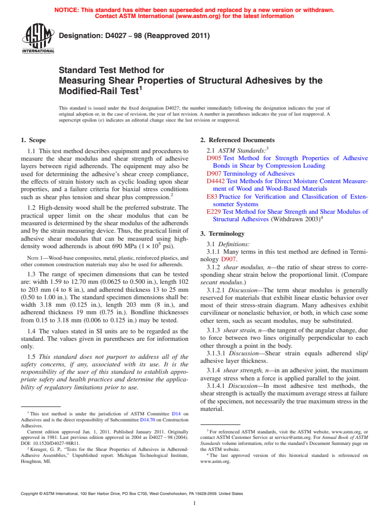 ASTM D4027-98(2011) - Standard Test Method for Measuring Shear Properties of Structural Adhesives by the Modified-Rail Test